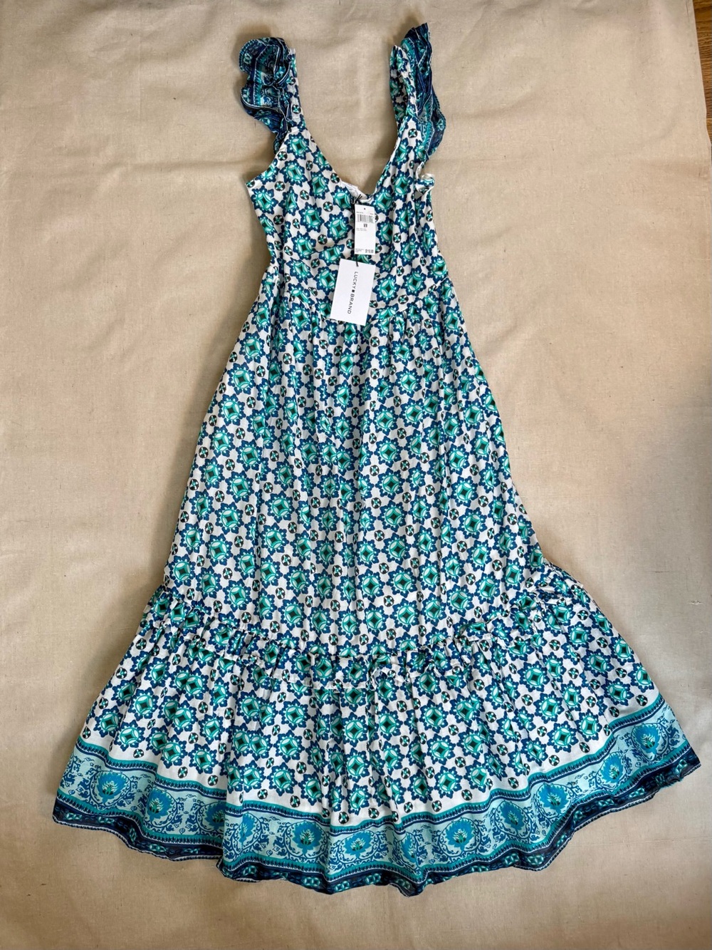 Lucky Brand Blue White Floral Tiered Maxi Dress Smocked Cotton NWT Medium Boho